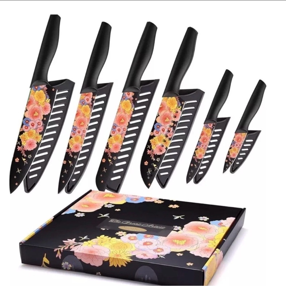 Marco Almond Knife Set Black Floral Designer Knives 6 Piece Stainless Steel NEW